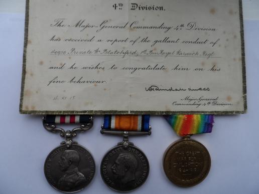MILITARY MEDAL,BRITISH WAR AND VICTORY MEDALS-WITH GALLANTRY CARD-TO BLATCHFORD,1/ROYAL WARWICKS