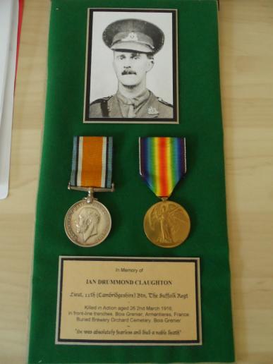 BWM/VICTORY MEDALS TO LIEUT IAN DRUMMOND CLAUGHTON 11TH CAMBRIDGESHIRE BTN., SUFFOLK REGT-THEIR FIRST OFFICER TO BE DIE IN ACTION