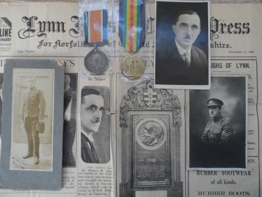 BRITISH WAR AND VICTORY MEDALS-TO OAKE ROYAL ENGINEERS-LATER ART MASTER AT KINGS LYNN GRAMMAR SCHOOL-KNOWN ARTIST,DESIGNER AND SCULPTOR