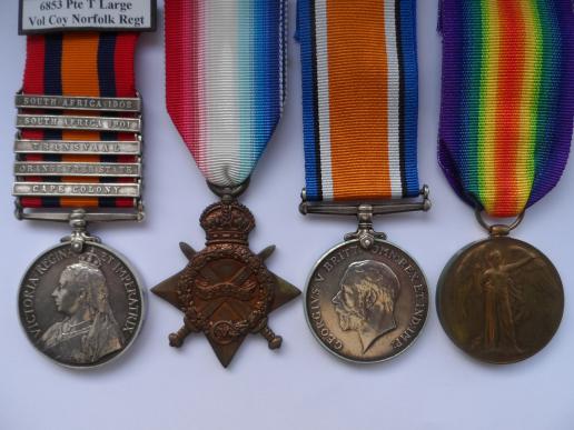 QUEEN SOUTH AFRICA MEDAL AND 1914/15 STAR TRIO TO LARGE-VOLUNTEER COMPANY NORFOLK REGIMENT