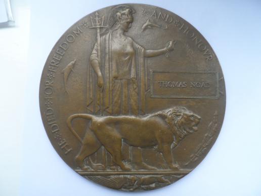 BRONZE MEMORIAL PLAQUE-TO THOMAS NOAD ROYAL AIR FORCE-KILLED IN ACTION  10/06/1918 DURING LOW STRAFING-HIS AIRCRAFT REPORTED AS FALLING IN PIECES