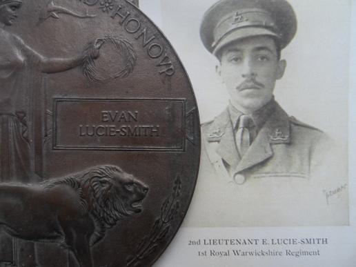 BRONZE MEMORIAL PLAQUE TO EVAN LUCIE- SMITH-ROYAL WARWICKSHIRE REGIMENT--SON OF THE POST-MASTER GENERAL OF JAMAICA-KILLED IN ACTION 25TH SEPTEMBER 1915