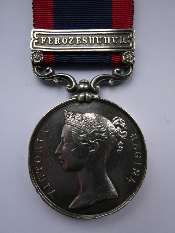 SUTLEJ MEDAL FOR MOODKEE-CLASP FEROZESHUHUR-TO PTE.G.STEADMAN- 9TH REGIMENT-WOUNDED AT FEROZESHUHUR ON 21ST DECEMBER 1845-WHICH RESULTED IN HIM BEING  DISCHARGED UNFIT FOR FURTHER SERVICE