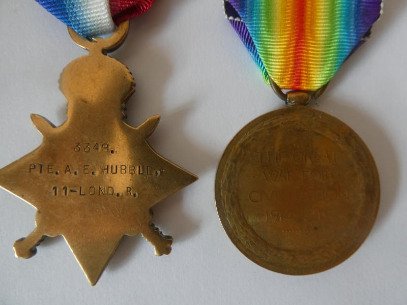 1914/15 STAR AND VICTORY MEDALS TO HUBBLE-11TH LONDON REGIMENT