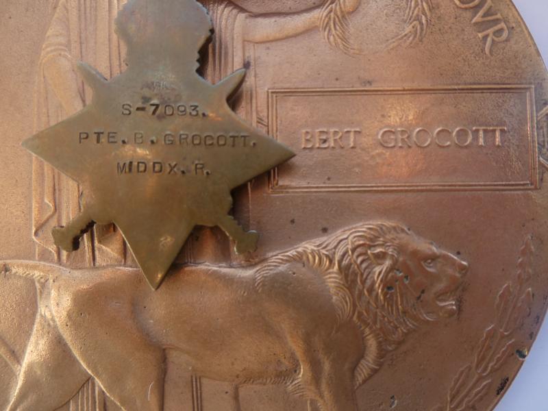 1914/15 STAR TRIO AND BRONZE MEMORIAL PLAQUE-TO GROCOTT- 4TH BATTALION MIDDLESEX REGIMENT-KILLED IN ACTION ON 29TH SEPTEMBER 1915