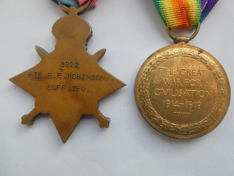 1914/15 STAR AND VICTORY MEDAL TO 2 LIEUT  ROBINSON-SUFFOLK YEOMANRY AND MACHINE GUN CORPS-DIED OF WOUNDS ON 12/11/1918-FROM CHESTERTON CAMBRIDGE