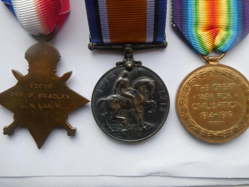 1914/15 STAR TRIO TO BRADLEY-LOYAL NORTH LANCS REGT-LATER SERVICE WITH THE MONMOUTHSHIRE REGT