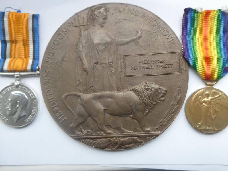 BRITISH WAR AND VICTORY MEDALS-BRONZE MEMORIAL PLAQUE-TO BISSET-SEAFORTH HIGHLANDERS