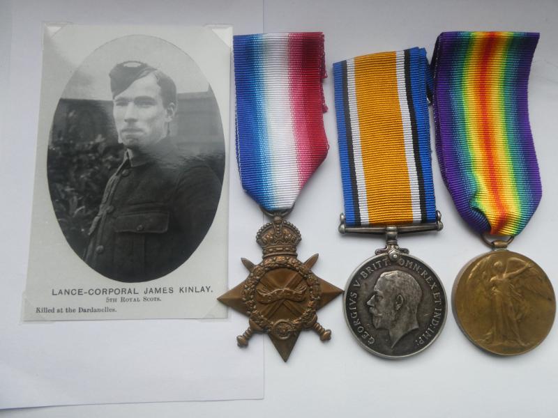 1914/15 STAR TRIO-TO JAMES KINLAY-ROYAL SCOTS-KILLED IN ACTION AT GALLIPOLI ON 5TH MAY 1915 (ACHI BABA)