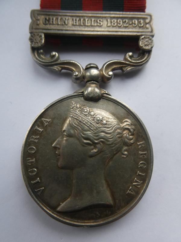 INDIA GENERAL SERVICE MEDAL-CLASP CHIN HILLS 1892-93-TO JACKSON- NORFOLK REGIMENT