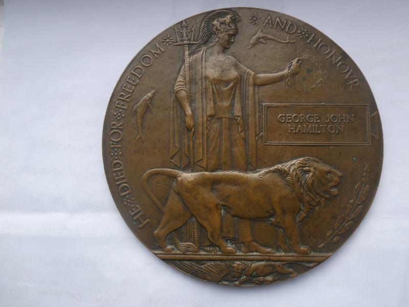 BRONZE MEMORIAL PLAQUE TO 2ND LIEUT GEORGE JOHN HAMILTON ROYAL SCOTS-KILLED IN ACTION ON 9TH JUNE 1917