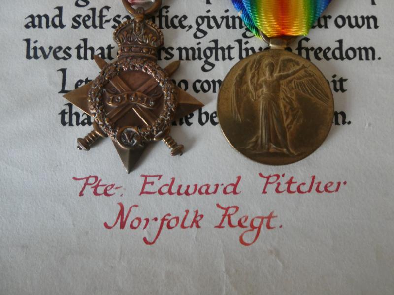 1914/15 STAR AND VICTORY MEDALS-MEMORIAL SCROLL-TO PITCHER-NORFOLK REGIMENT-KILLED IN ACTION ON 26TH SEPTEMBER 1915