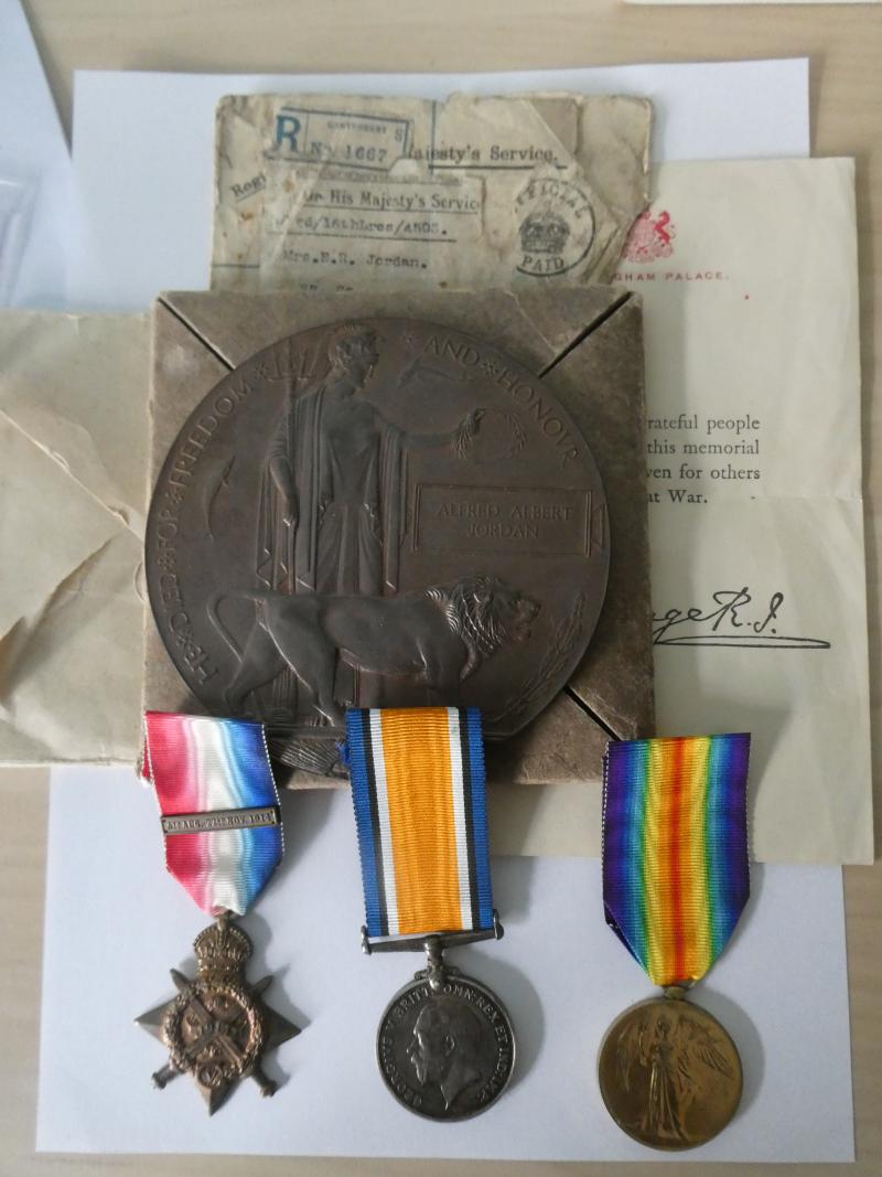 1914 STAR AND BAR TRIO-BRONZE MEMORIAL PLAQUE TO JORDAN 16TH LANCERS-KILLED IN ACTION ON 31ST SEPTEMVER 1914