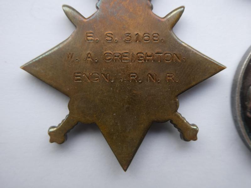 1914/15 STAR TRIO-TO CREIGHTON ROYAL NAVAL RESERVE-SERVED ON H.M.TRWALER