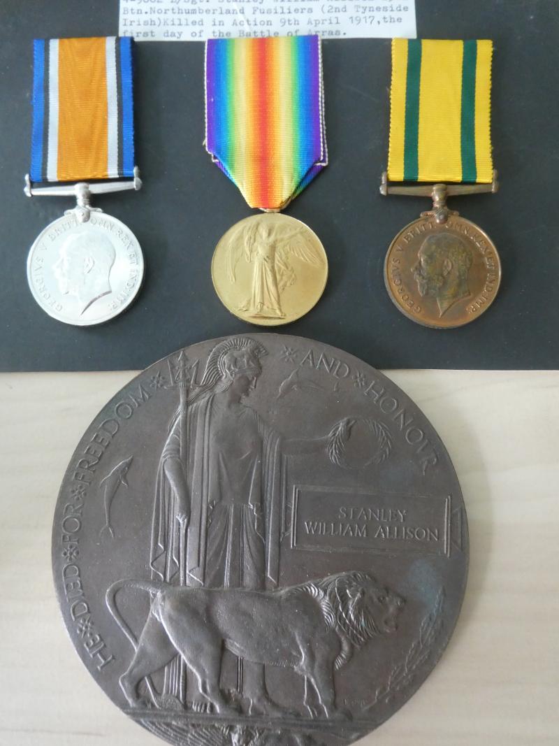 SCARCE CASUALTY TERRITORIAL FORCE WAR MEDAL AND PLAQUE GROUP TO ALLISON -25TH (TYNESIDE IRISH) BN NORTHUMBERLAND FUSILIERS-KILLED IN ACTION ON 9TH APRIL 1917-FIRST DAY OF BATTLE OF ARRAS