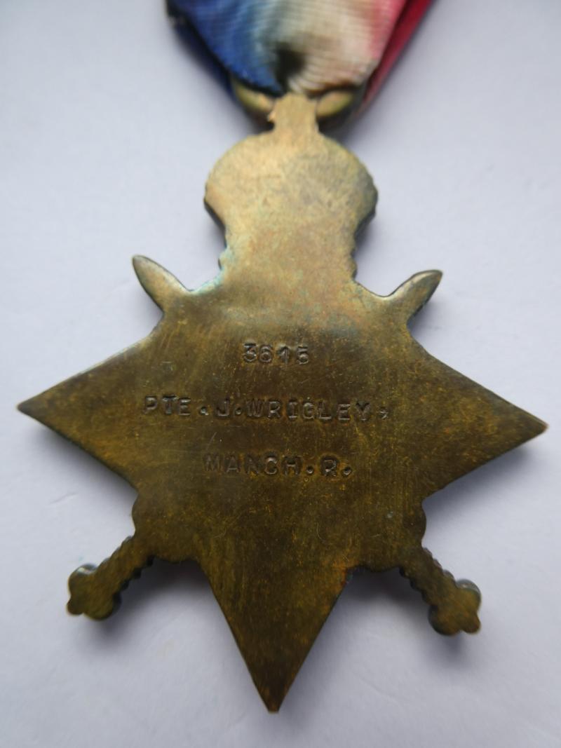 1914/15 STAR-TO WRIGLEY-MANCHESTER REGIMENT-WOUNDED TWICE AND DESERTED