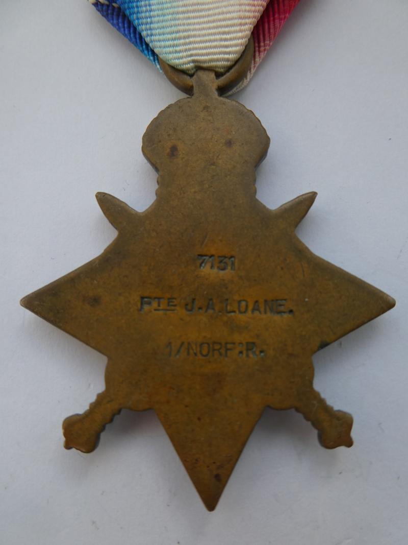 1914 STAR AND GENUINE AUG-NOV CLASP-TO LOANE-NORFOLK REGIMENT-DIED OF WOUNDS ON 2ND MARCH 1915