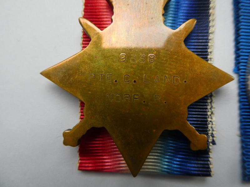 1914/15 STAR TRIO-TO PTE CHARLES LAND 1ST BATTALION NORFOLK REGT-KILLED IN ACTION ON 1ST AUGUST 1916