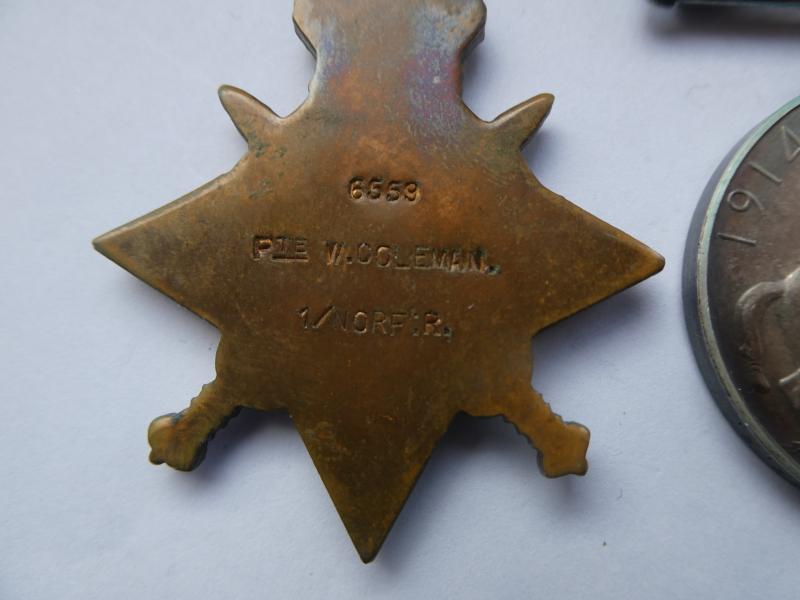 1914 STAR AND ORIGINAL AUG-NOV BAR TRIO-TO COLEMAN-1ST BATTALION NORFOLK REGT-DIED OF WOUNDS ON 1ST JULY 1915