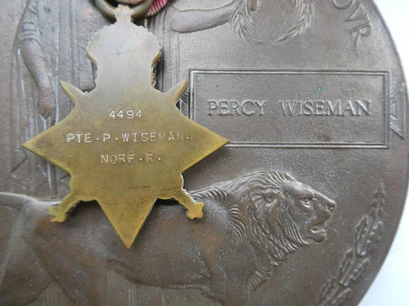 1914/15 STAR TRIO AND BRONZE MEMORIAL PLAQUE- TO PERCY WISEMAN-4TH NORFOLK REGT- DIED AT MUDROS 28TH NOVEMBER-1915