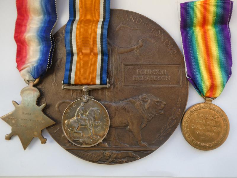 1914/15 STAR TRIO-AND BRONZE MEMORIAL PLAQUE-TO ROBINSON RICHARDSON-7TH BATTALION NORFOLK REGIMENT-FROM NORTH WALSHAM NORFOLK