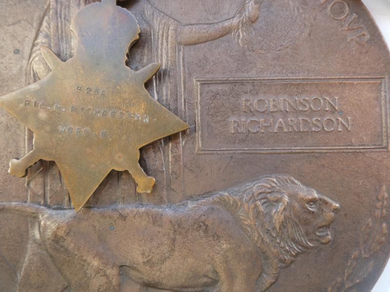 1914/15 STAR TRIO-AND BRONZE MEMORIAL PLAQUE-TO ROBINSON RICHARDSON-7TH BATTALION NORFOLK REGIMENT-FROM NORTH WALSHAM NORFOLK