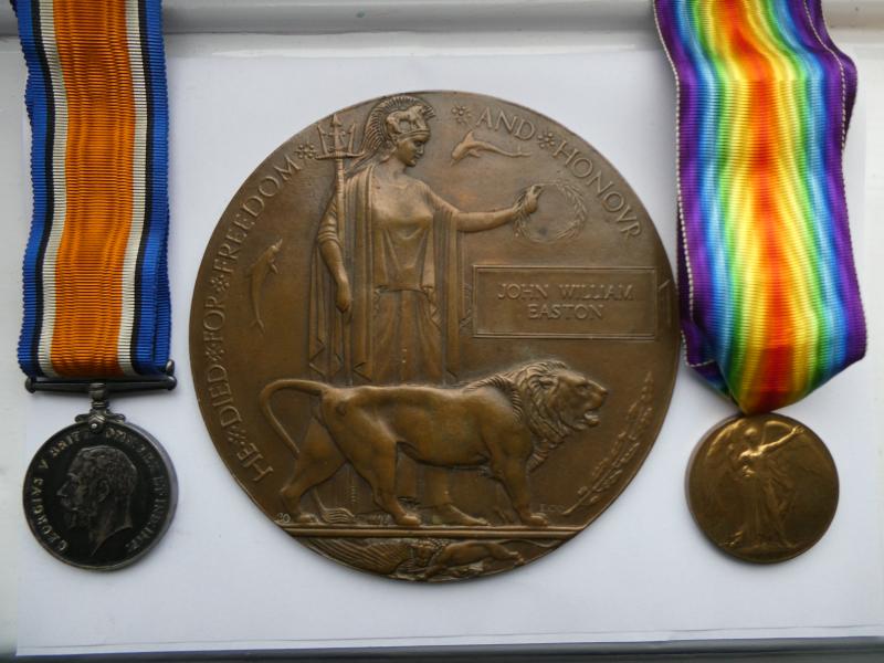 BRITISH WAR AND VICTORY MEDALS-BRONZE MEMORIAL PLAQUE-TO EASTON -23RD NORTHUMBERLAND FUSILIERS-DIED OF WOUNDS 1ST NOVEMBER 1917