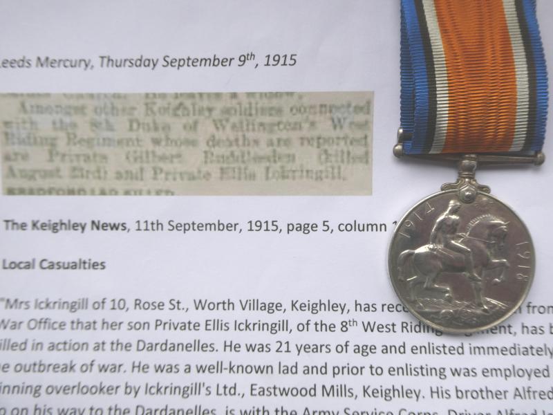 BRITISH WAR MEDAL-TO: ELLIS ICKRINGILL-WEST RIDING REGT-DIED OF WOUNDS AT GALLIPOLI ON 22ND AUGUST 1915