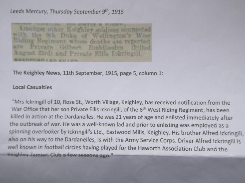 BRITISH WAR MEDAL-TO: ELLIS ICKRINGILL-WEST RIDING REGT-DIED OF WOUNDS AT GALLIPOLI ON 22ND AUGUST 1915