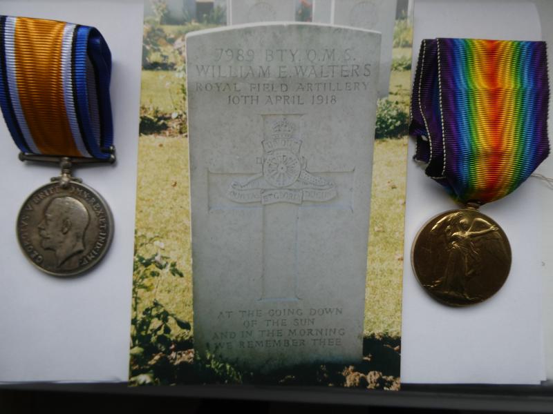 BRITISH WAR AND VICTORY MEDALS-TO BATTERY QUARTER MASTER SERGEANT WALTERS -ROYAL FIELD ARTILLERY -DIED OF WOUNDS ON 10TH APRIL 1918