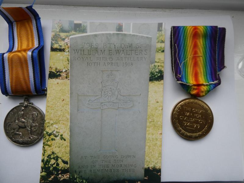 BRITISH WAR AND VICTORY MEDALS-TO BATTERY QUARTER MASTER SERGEANT WALTERS -ROYAL FIELD ARTILLERY -DIED OF WOUNDS ON 10TH APRIL 1918