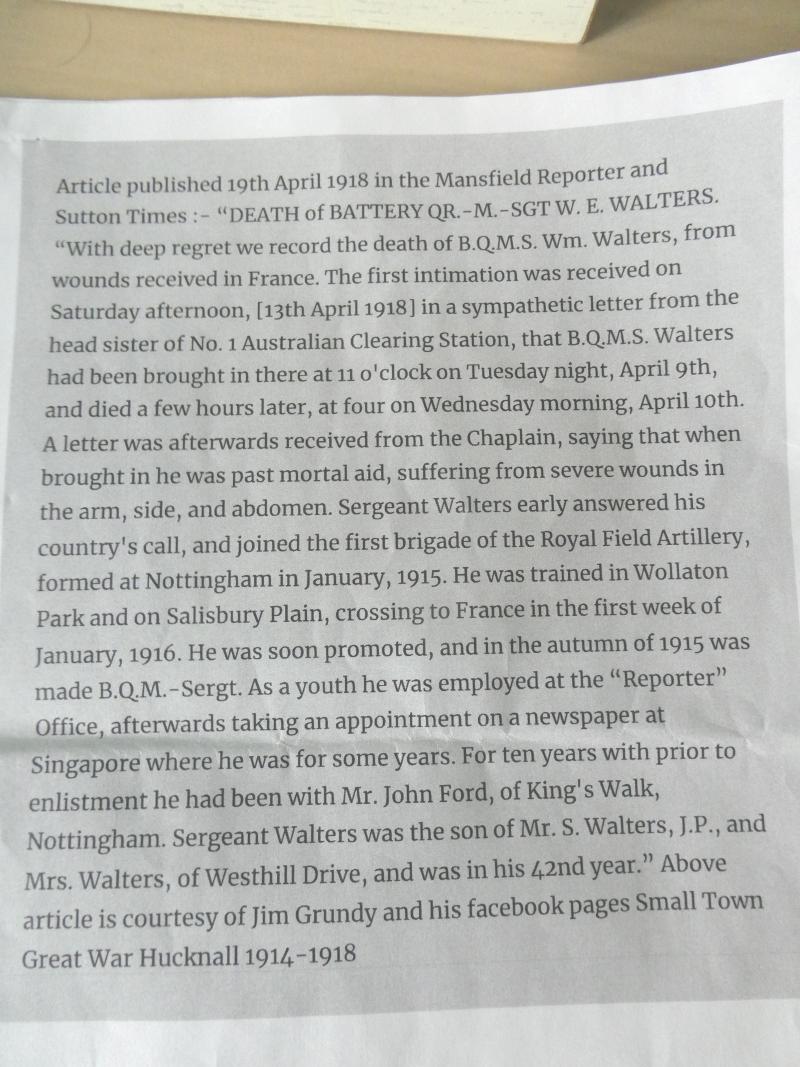 BRITISH WAR AND VICTORY MEDALS-TO BATTERY QUARTER MASTER SERGEANT WALTERS -ROYAL FIELD ARTILLERY -DIED OF WOUNDS ON 10TH APRIL 1918