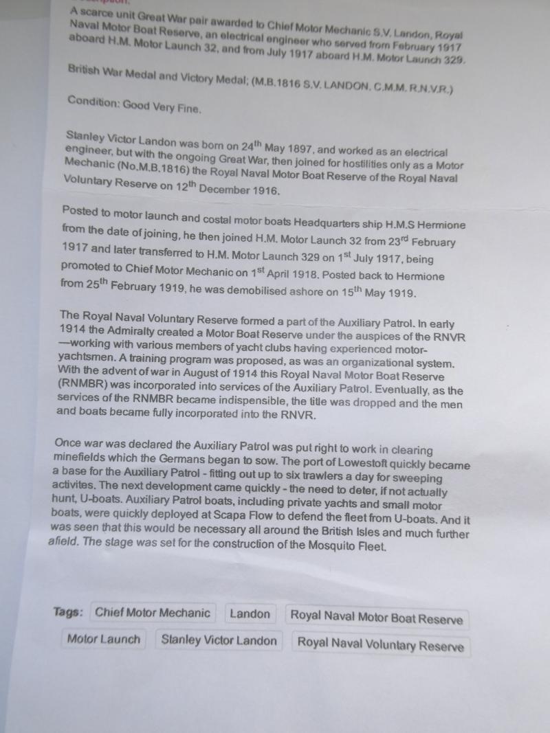 BRITISH WAR AND VICTORY MEDALS TO LANDON-ROYAL NAVAL VOLUNTEER RESERVE-SERVED ON MOTOR LAUNCHES 32 AND 329