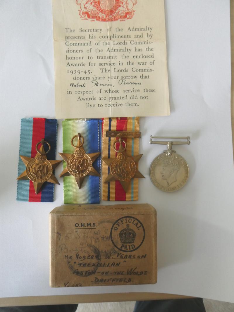 WW2 CASUALTY GROUP OF FOUR TO PEARSON-H.M.S. BARHAM-DIED WHEN H.M.S.BARHAM WAS SUNK BY U-BOAT ON 25/11/1941