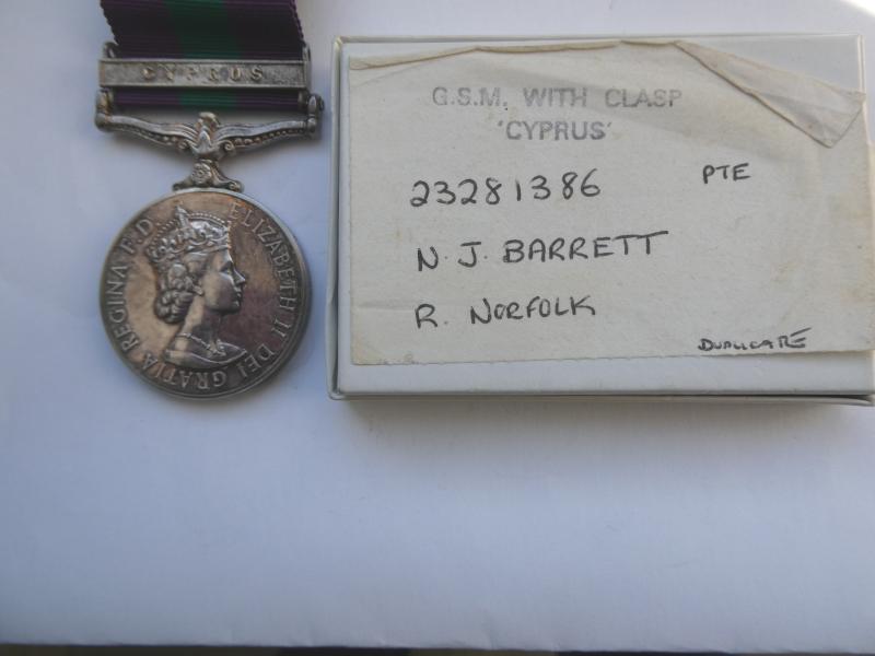 GENERAL SERVICE MEDAL 1918-1962-CLASP CYPRUS TO BARRETT ROYAL NORFOLK MARKED 