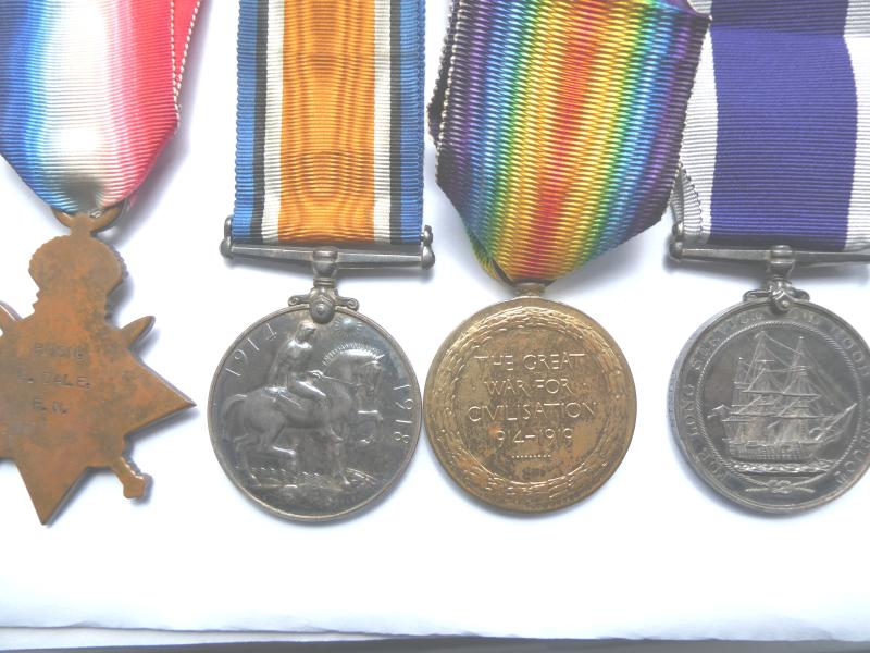 1914/15 STAR TRIO-LONG SERVICE GROUP OF FOUR TO GEORGE DALE- BOATSWAIN- ROYAL NAVY-H.M.S HINDUSTAN ON LONG SERVICE MEDAL