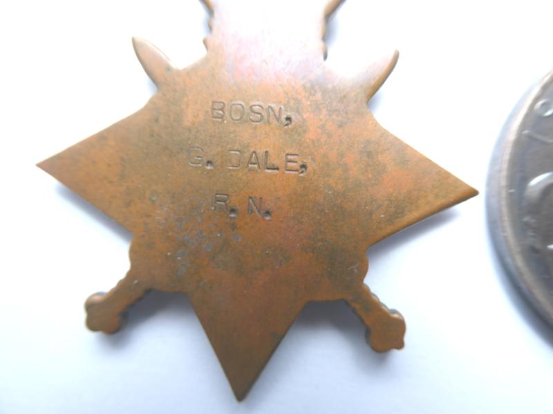 1914/15 STAR TRIO-LONG SERVICE GROUP OF FOUR TO GEORGE DALE- BOATSWAIN- ROYAL NAVY-H.M.S HINDUSTAN ON LONG SERVICE MEDAL