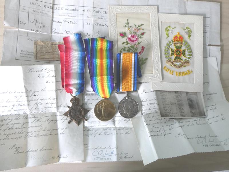 1914/15 STAR TRIO TO FLETCHER-8TH BTN RIFLE BRIGADE-KILLED IN ACTION IN THE LIQUID FIRE ATTACK AT HOOGE 30/07/1915-COMES WITH SILK POSTCARDS,ETC