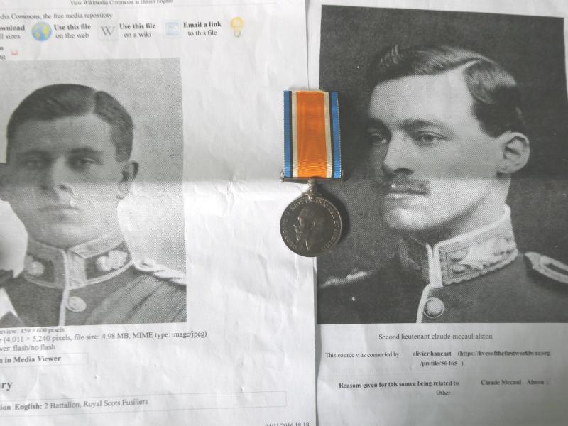 BRITISH WAR MEDAL TO LIEUT CLAUDE MC CAUL ALSTON-ROYAL SCOTS FUSILIERS-KILLED IN ACTION ON 14/10/1914-SON OF SIR CHARLES ROSS ALSTON A NOTED HIGH COURT JUDGE IN ALLALABAD