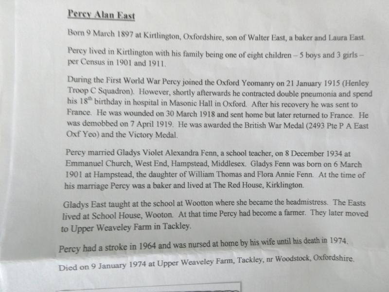BRITISH WAR AND VICTORY MEDALS TO PERCY ALAN EAST-OXFORDSHIRE YEOMANRY-WITH PHOTOS AND ORIGINAL DOCUMENTS
