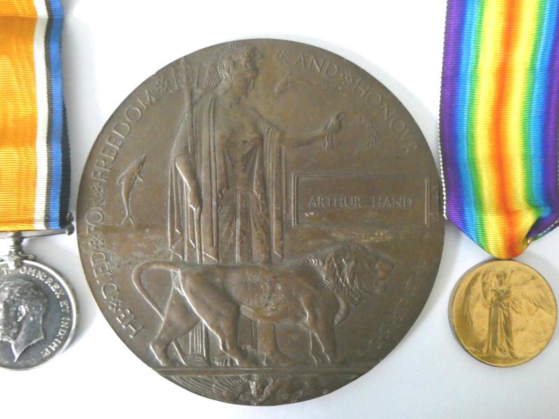 MEMORIAL PLAQUE-BRITISH WAR AND VICTORY MEDALS TO ARTHUR HAND-GLOUCESTERSHIRE YEOMANRY-DIED OF WOUNDS ON 14TH OCTOBER 1918-SERVING WITH THE WORCESTERSHIRE REGT
