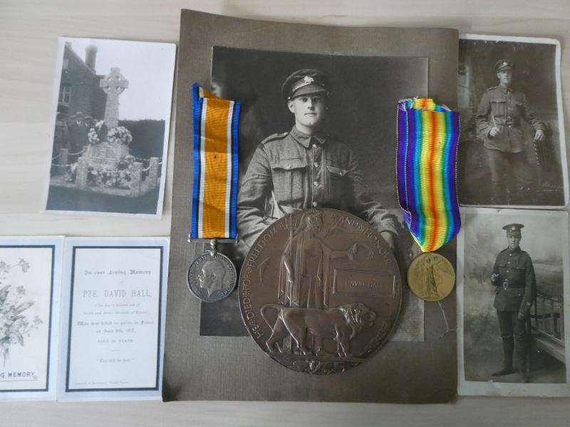 CASUALTY PAIR AND PLAQUE-WITH PHOTOS-MEMORIAL CARD ETC-TO HALL-BEDFORDSHIRE REGT-KILLED IN ACTION ON 8TH JUNE 1917