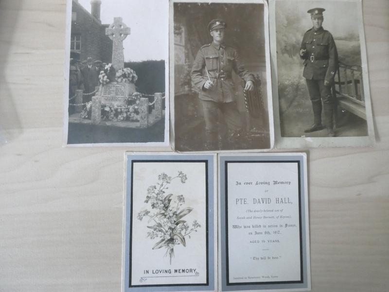 CASUALTY PAIR AND PLAQUE-WITH PHOTOS-MEMORIAL CARD ETC-TO HALL-BEDFORDSHIRE REGT-KILLED IN ACTION ON 8TH JUNE 1917