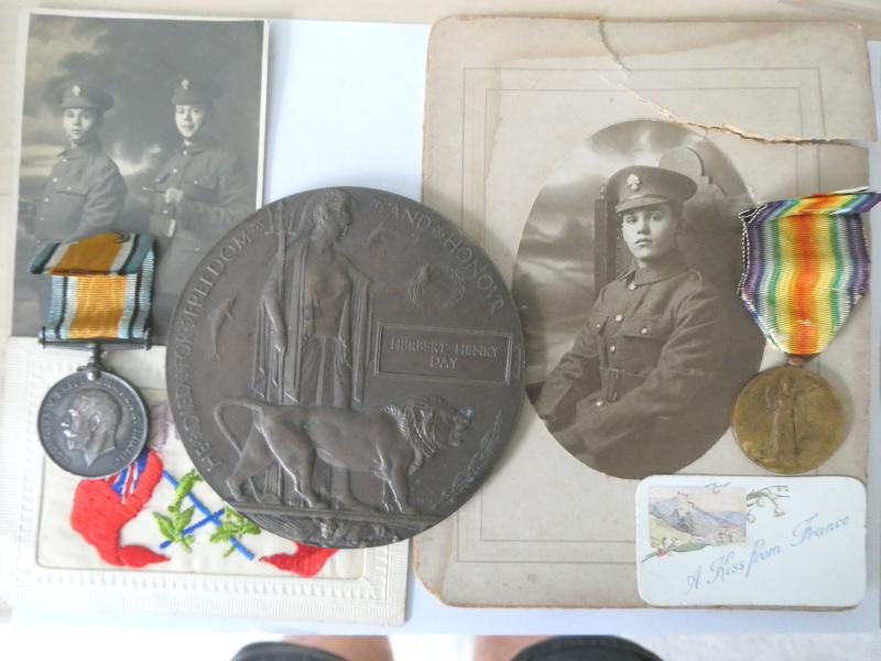 BRITISH WAR AND VICTORY MEDAL AND BRONZE MEMORIAL PLAQUE TO HERBERT HENRY DAY-ROYAL FUSILIERS-DIED OF WOUNDS ON 13TH JULY 1916-FROM SOUTHALL LONDON