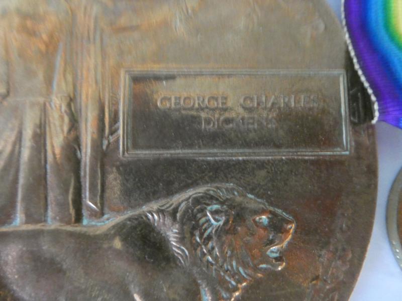 BRITISH WAR AND VICTORY MEDALS-BRONZE MEMORIAL PLAQUE-TO DICKENS-MANCHESTER REGIMENT