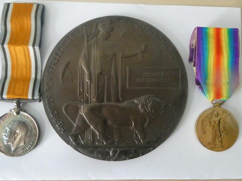 BRITISH WAR AND VICTORY MEDALS-BRONZE MEMORIAL PLAQUE-TO SYDNEY FREEMANTLE EAST KENT REGT-KILLED IN ACTION ON 3RD JULY 1916 WITH THE 6TH bTM-
