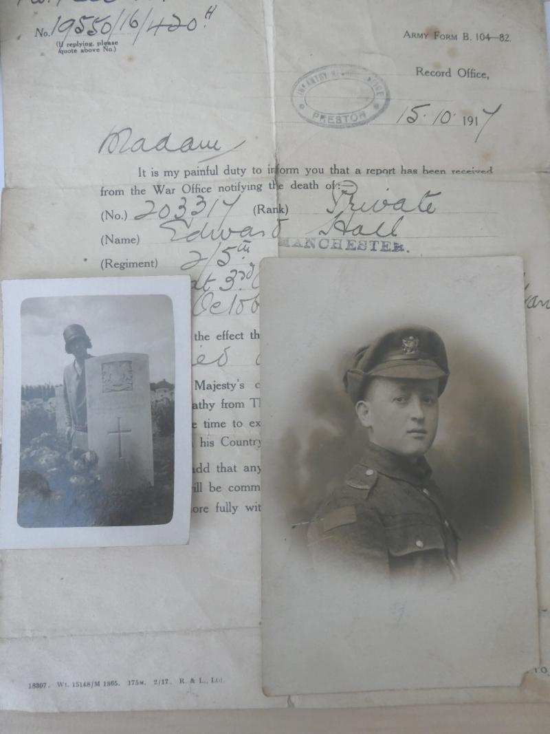 BRITISH WAR AND VICTORY MEDALS-BRONZE MEMORIAL PLAQUE-TO EDWARD HALL -MANCHESTER REGIMENT-DIED OF WOUNDS ON 10TH OCTOBER 1917-COMES WITH PHOTO'S PAPERS,ETC