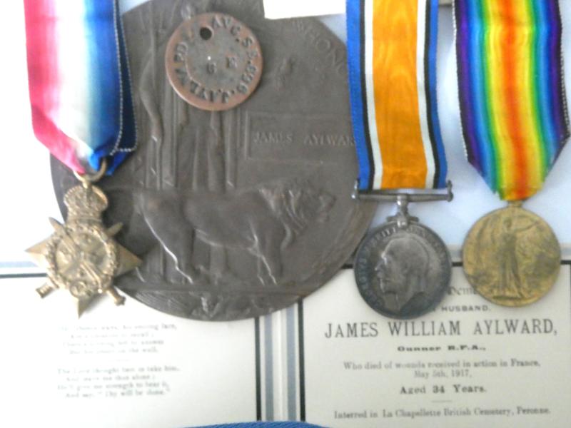 1914 STAR TRIO-BRONZE MEMORIAL PLAQUE-TO AYLWARD ARMY VETERINARY CORPS-DIED OF WOUNDS SERVING WITH THE ROYAL FIELD ARTILLERY ON 5TH MAY 1917-FROM BRIGHTON-SOLD WITH ORIGINAL DOG TAG-WAR GRAVES PHOTO -LETTERS-ETC
