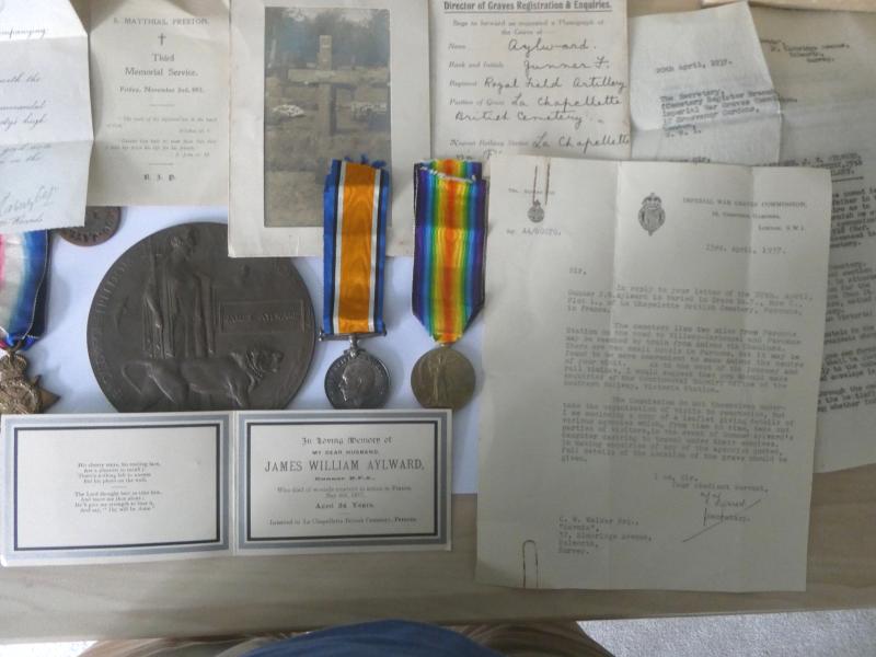 1914 STAR TRIO-BRONZE MEMORIAL PLAQUE-TO AYLWARD ARMY VETERINARY CORPS-DIED OF WOUNDS SERVING WITH THE ROYAL FIELD ARTILLERY ON 5TH MAY 1917-FROM BRIGHTON-SOLD WITH ORIGINAL DOG TAG-WAR GRAVES PHOTO -LETTERS-ETC