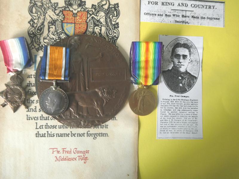 1914/15 STAR TRIO-BRONZE MEMORIAL PLAQUE AND MEMORIAL SCROLL TO FRED GAMGEE-MIDDLESEX REGY KILLED IN ACTION ON 26TH JUNE 1916-AGED 17-ENLISTED AS A DRUMMER AGED 15